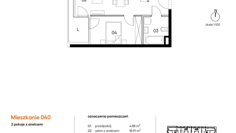 Rzut - Mieszkanie na sprzedaż 2 pokoje o powierzchni 40,22 m² - numer A.A040 w Miasto Polskich Mistrzów Olimpijskich II