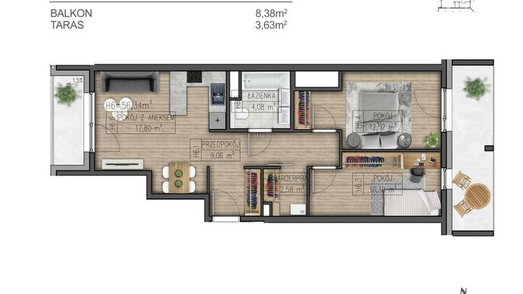 Rzut - Mieszkanie na sprzedaż 3 pokoje o powierzchni 56,34 m² - numer H6 w Osiedle Parkowe