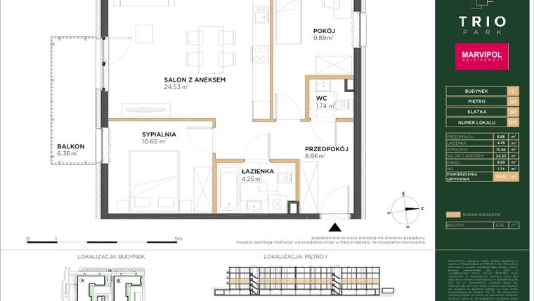 Rzut - Mieszkanie na sprzedaż 3 pokoje o powierzchni 59,92 m² - numer C017 w Trio Park bud. C