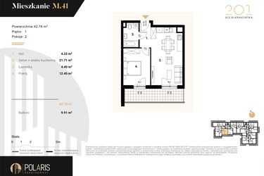 Rzut - Mieszkanie na sprzedaż 2 pokoje o powierzchni 42,78 m² - numer M41 w Aleja Krakowska 201