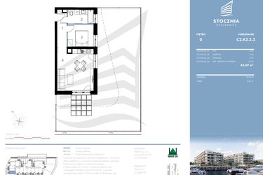 Rzut - Mieszkanie na sprzedaż 2 pokoje o powierzchni 43,69 m² - numer C2.K2.2.3 w Stocznia Residence