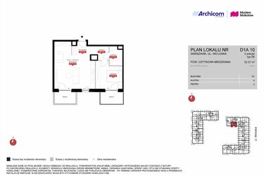 Rzut - Mieszkanie na sprzedaż 2 pokoje o powierzchni 52,57 m² - numer D1A 10 w Modern Mokotów etap 4, budynek D1 i D2