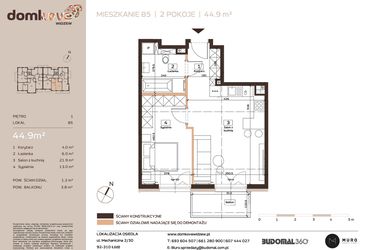 Rzut - Mieszkanie na sprzedaż 2 pokoje o powierzchni 44,9 m² - numer B5 w Domkove Widzew