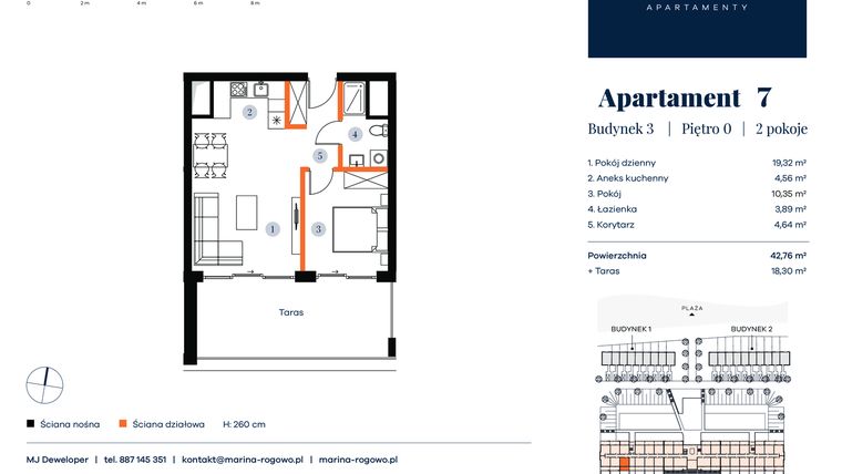 Rzut - Mieszkanie na sprzedaż 2 pokoje o powierzchni 42,76 m² - numer 7 w Apartamenty Marina Rogowo
