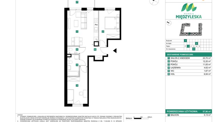 Rzut - Mieszkanie na sprzedaż 3 pokoje o powierzchni 57,96 m² - numer 101 w Osiedle Międzyleska - etap II
