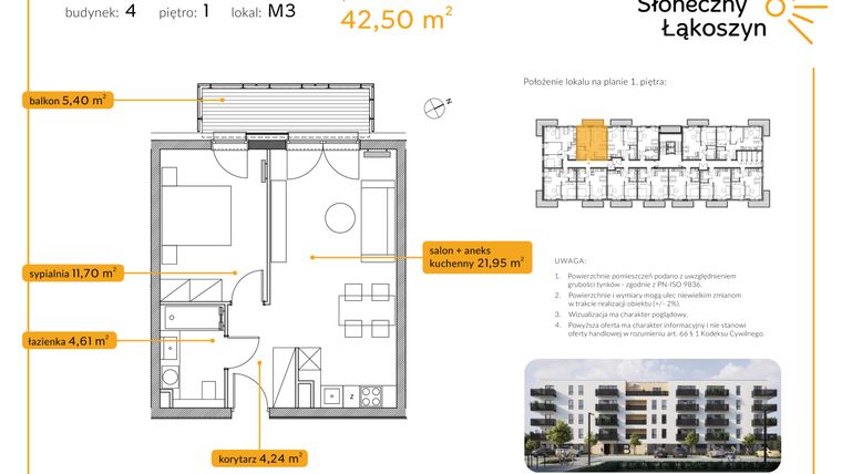 Rzut - Mieszkanie na sprzedaż 2 pokoje o powierzchni 42,5 m² - numer 4/M/1/3 w Osiedle Słoneczny Łąkoszyn bud. 4