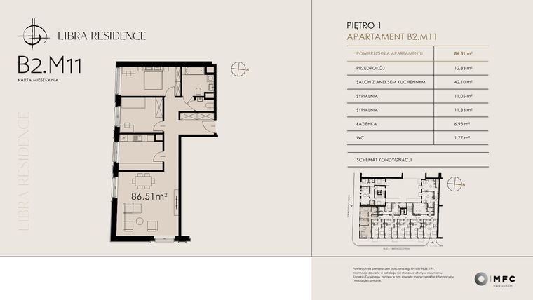 Rzut - Mieszkanie na sprzedaż 3 pokoje o powierzchni 86,51 m² - numer B2.M11 w Libra Residence