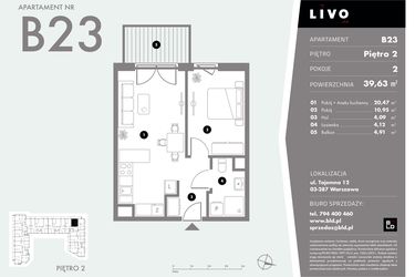 Rzut - Mieszkanie na sprzedaż 2 pokoje o powierzchni 39,63 m² - numer B23 w Livo