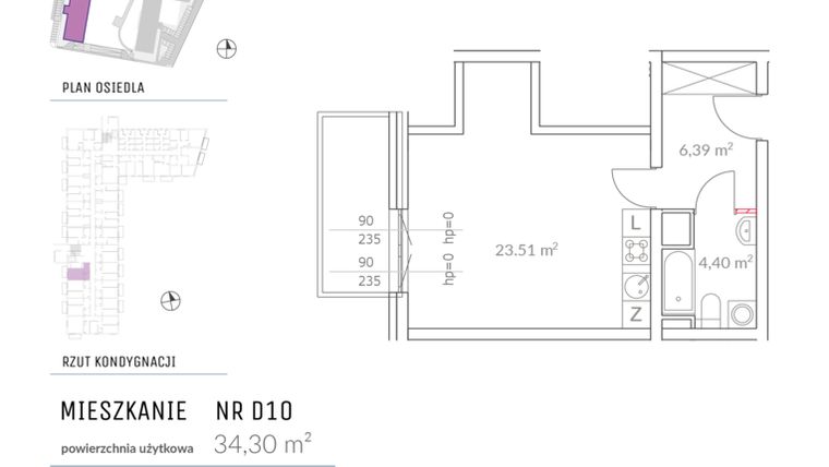 Rzut - Mieszkanie na sprzedaż 1 pokój o powierzchni 34,42 m² - numer D10 w Osiedle Impresja 2
