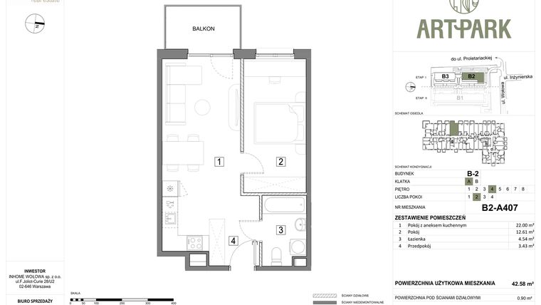 Rzut - Mieszkanie na sprzedaż 2 pokoje o powierzchni 43,48 m² - numer B.2.A407 w ArtPark