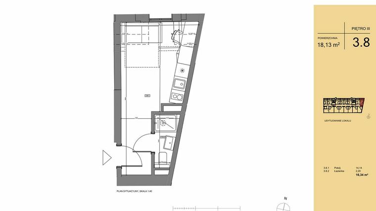 Rzut - Mieszkanie na sprzedaż 1 pokój o powierzchni 18,13 m² - numer 3.8 w Rezydencja San Petrus