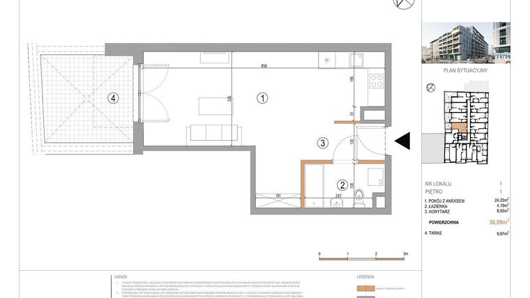 Rzut - Mieszkanie na sprzedaż 1 pokój o powierzchni 36,99 m² - numer A1/1 w 5th Avenue Apartments