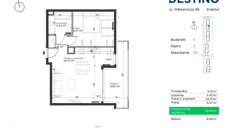 Rzut - Mieszkanie na sprzedaż 2 pokoje o powierzchni 40,56 m² - numer A-24 w Destino