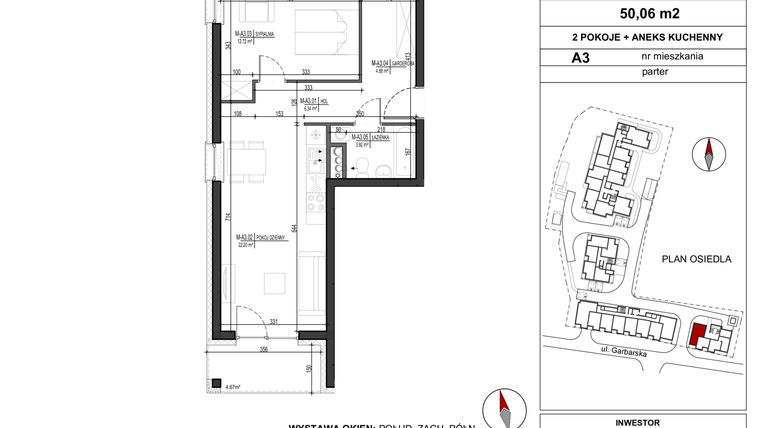 Rzut - Mieszkanie na sprzedaż 2 pokoje o powierzchni 50,06 m² - numer A.3 w Garbarska Urban Koncept