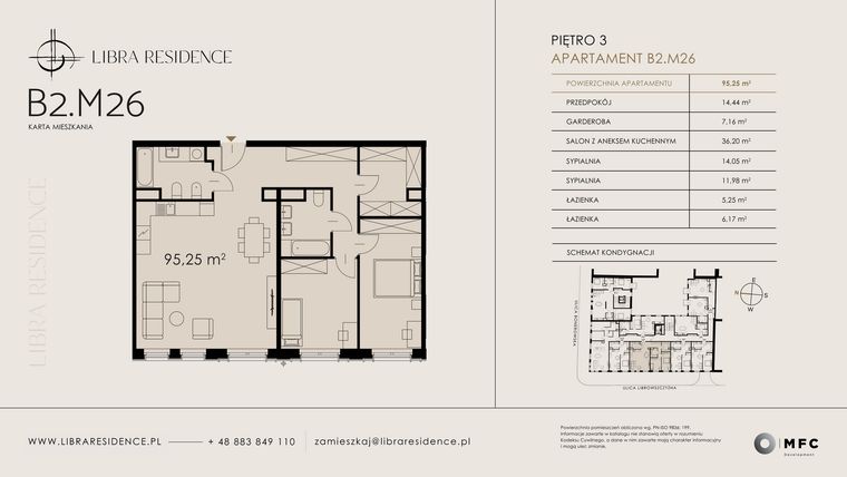 Rzut - Mieszkanie na sprzedaż 3 pokoje o powierzchni 95,25 m² - numer B2.M26 w Libra Residence