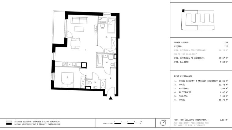 Rzut - Mieszkanie na sprzedaż 3 pokoje o powierzchni 65,97 m² - numer 3.A25-238 w Jurowiecka 22