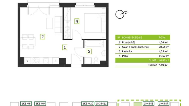 Rzut - Mieszkanie na sprzedaż 2 pokoje o powierzchni 40,81 m² - numer 1K4 M8 w Osiedle Krzeptów przy lesie