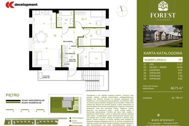 Rzut - Mieszkanie na sprzedaż 4 pokoje o powierzchni 68,75 m² - numer 1B w Wiązowna Forest