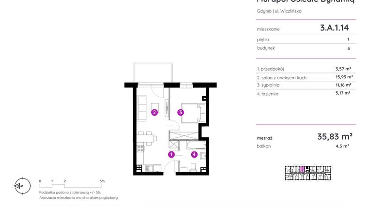 Rzut - Mieszkanie na sprzedaż 2 pokoje o powierzchni 35,83 m² - numer 3.A.1.14 w Murapol Osiedle Dynamiq