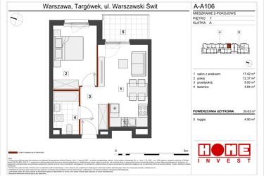 Rzut - Mieszkanie na sprzedaż 2 pokoje o powierzchni 39,63 m² - numer A-A106 w Warszawski Świt etap VII