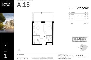 Rzut - Mieszkanie na sprzedaż 1 pokój o powierzchni 29,32 m² - numer A.15 w Browar HUGO SCOBEL