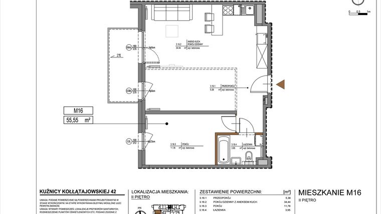 Rzut - Mieszkanie na sprzedaż 2 pokoje o powierzchni 55,55 m² - numer M16 w Kuźnicy Kołłątajowskiej 42