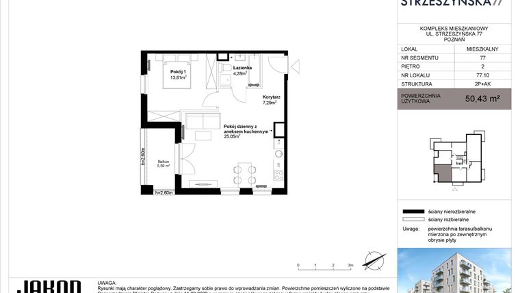 Rzut - Mieszkanie na sprzedaż 2 pokoje o powierzchni 50,43 m² - numer 77.10 w Strzeszyńska 77