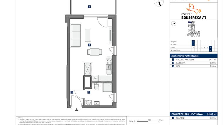 Rzut - Mieszkanie na sprzedaż 1 pokój o powierzchni 31,66 m² - numer A.30 w Osiedle Bokserska 71 etap II