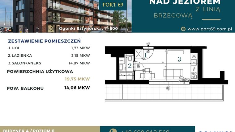 Rzut - Mieszkanie na sprzedaż 1 pokój o powierzchni 19,74 m² - numer A-25 w Port 69