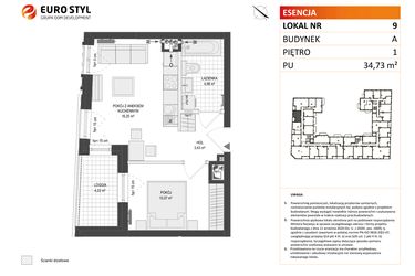 Rzut - Mieszkanie na sprzedaż 2 pokoje o powierzchni 34,73 m² - numer A.9 w Esencja