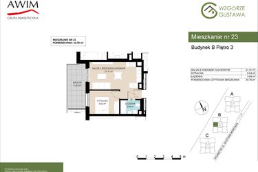 Rzut - Mieszkanie na sprzedaż 2 pokoje o powierzchni 34,79 m² - numer B23 w Wzgórze Gustawa