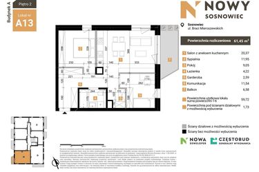 Rzut - Mieszkanie na sprzedaż 3 pokoje o powierzchni 61,45 m² - numer A13 w Nowy Sosnowiec