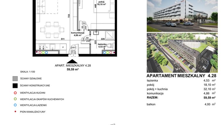 Rzut - Mieszkanie na sprzedaż 2 pokoje o powierzchni 59,11 m² - numer 4.28 w Apartamentowiec Zwycięska 3