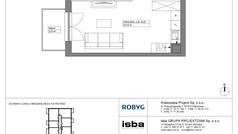Rzut - Mieszkanie na sprzedaż 2 pokoje o powierzchni 40,56 m² - numer KR8/C/1/3 w Apartamenty Krakowska etap VIII