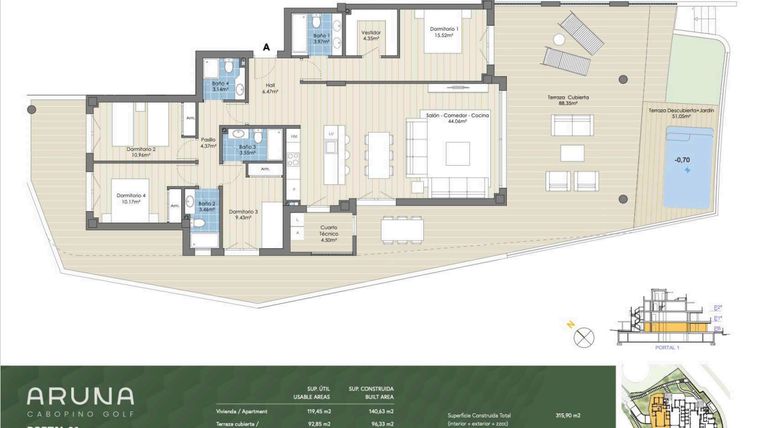 Rzut - Mieszkanie na sprzedaż 4 pokoje o powierzchni 263 m² - numer P1-PB-A w Aruna
