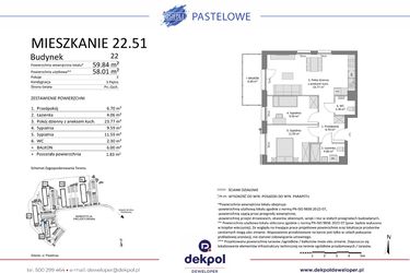 Rzut - Mieszkanie na sprzedaż 3 pokoje o powierzchni 58,01 m² - numer 22.51 w Osiedle Pastelowe etap IV