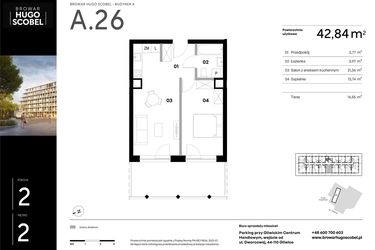 Rzut - Mieszkanie na sprzedaż 2 pokoje o powierzchni 42,84 m² - numer A.26 w Browar HUGO SCOBEL