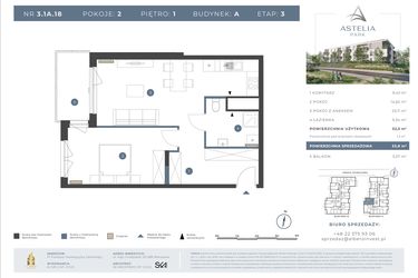 Rzut - Mieszkanie na sprzedaż 2 pokoje o powierzchni 52,5 m² - numer 3.1A.18 w Astelia Park etap 1A i 3