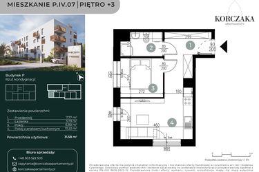 Rzut - Mieszkanie na sprzedaż 2 pokoje o powierzchni 31,58 m² - numer P.IV.07 w Korczaka Apartamenty