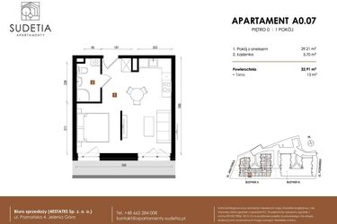 Rzut - Mieszkanie na sprzedaż 1 pokój o powierzchni 32,91 m² - numer A 0.07 w Apartamenty Sudetia