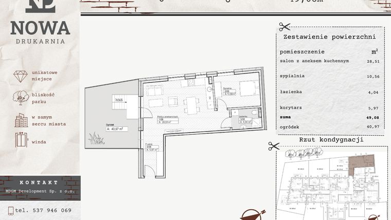 Rzut - Mieszkanie na sprzedaż 2 pokoje o powierzchni 49,08 m² - numer M6 w Nowa Drukarnia