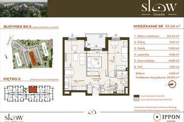 Rzut - Mieszkanie na sprzedaż 3 pokoje o powierzchni 55,06 m² - numer B4.2.39 w Osiedle SLOW
