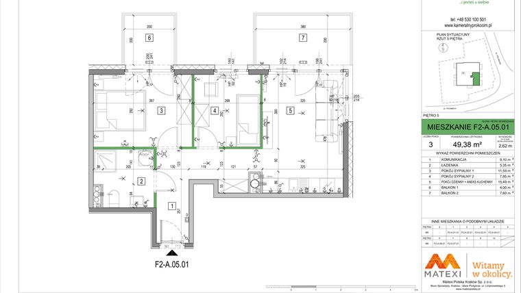 Rzut - Mieszkanie na sprzedaż 3 pokoje o powierzchni 49,22 m² - numer F2-A.05.01 w Kameralny Prokocim 2