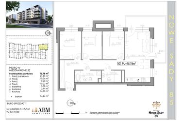 Rzut - Mieszkanie na sprzedaż 3 pokoje o powierzchni 76,21 m² - numer 52 w Nowe Sady 85