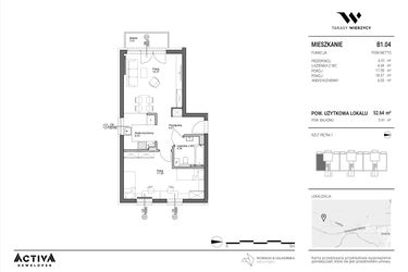 Rzut - Mieszkanie na sprzedaż 2 pokoje o powierzchni 52,64 m² - numer B1.04 w Tarasy Wierzycy