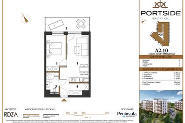 Rzut - Mieszkanie na sprzedaż 2 pokoje o powierzchni 39,48 m² - numer A2.10 w Portside Bałtycka