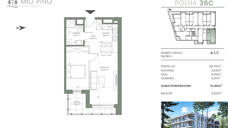 Rzut - Mieszkanie na sprzedaż 2 pokoje o powierzchni 41,86 m² - numer 1.7 w Mio Pino