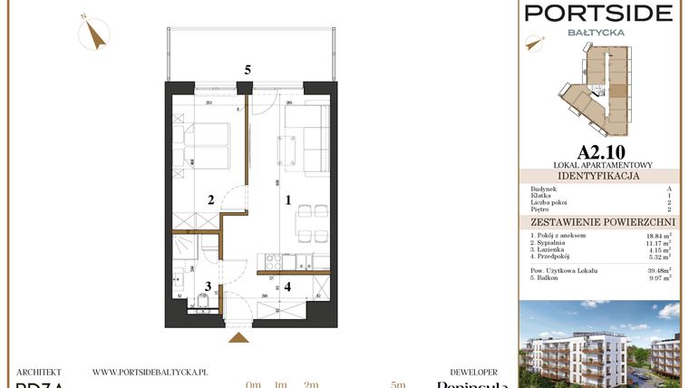 Rzut - Mieszkanie na sprzedaż 2 pokoje o powierzchni 39,48 m² - numer A2.10 w Portside Bałtycka