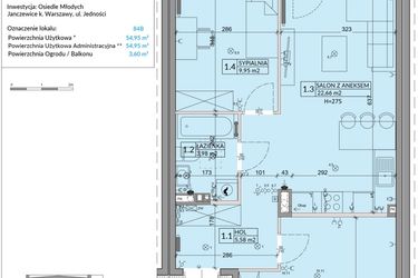 Rzut - Mieszkanie na sprzedaż 3 pokoje o powierzchni 54,95 m² - numer 84B w Osiedle Młodych etap VI