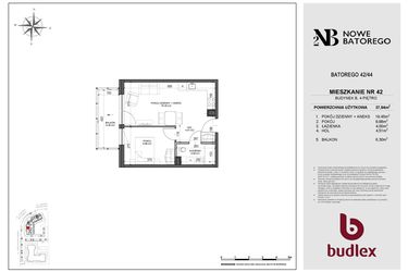 Rzut - Mieszkanie na sprzedaż 2 pokoje o powierzchni 37,94 m² - numer B42 w Nowe Batorego 2